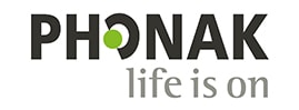 Das Logo von Phonak enthält den Schriftzug Phonak und wird durch den Slogan life is on ergänzt. Das O von Phonak ähnelt einem Ohr.
