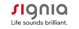 Das Signia Logo, bestehend aus dem rot-grauen Schriftzug signia und dem Slogan Life sounds brilliant.